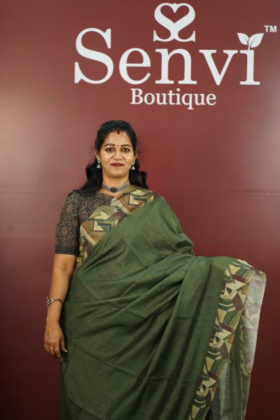 Cotton Digital Saree Bottle Green