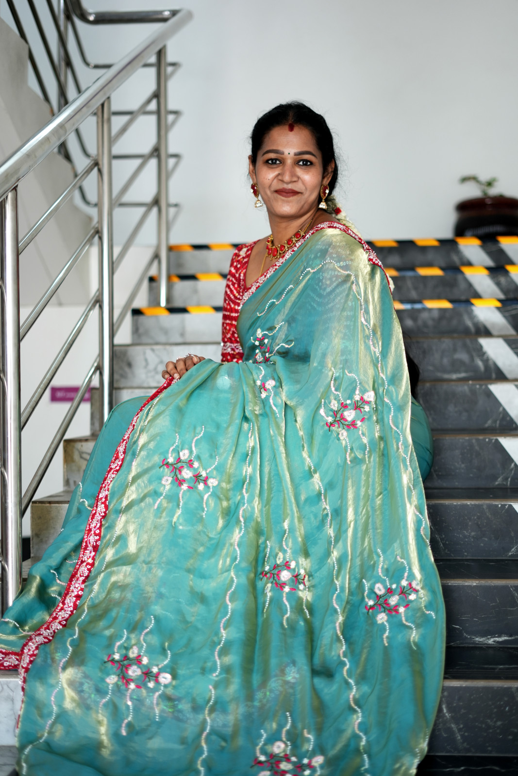 Red with Blue Fendy Satin Saree