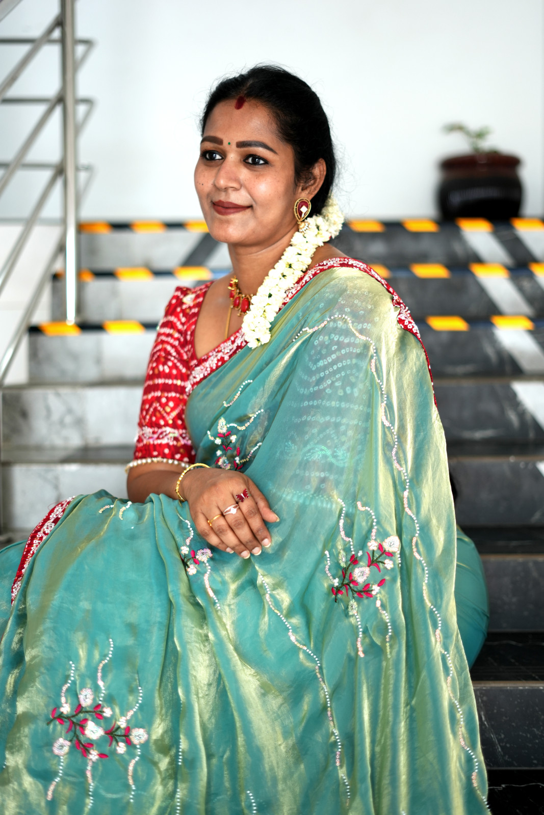 Red with Blue Fendy Satin Saree
